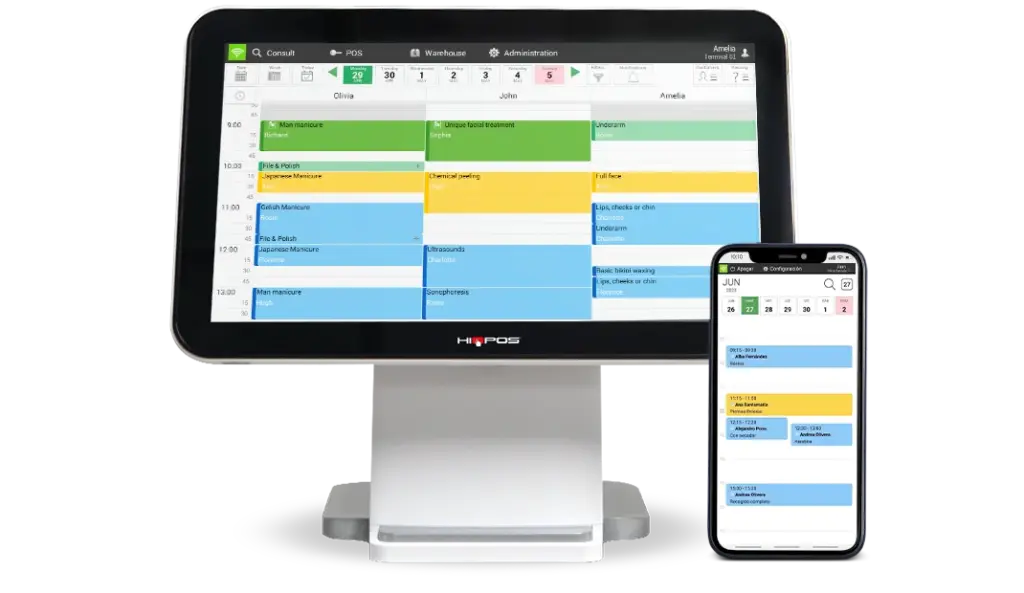 HIOPOS-Terminkalender auf Kassenterminal und Smartphone